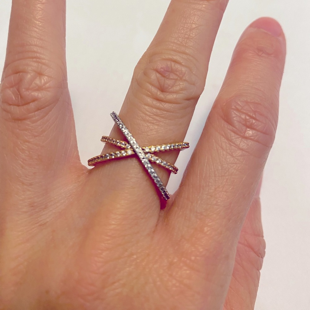 Silver and gold tone X ring w CZ’s, size 5